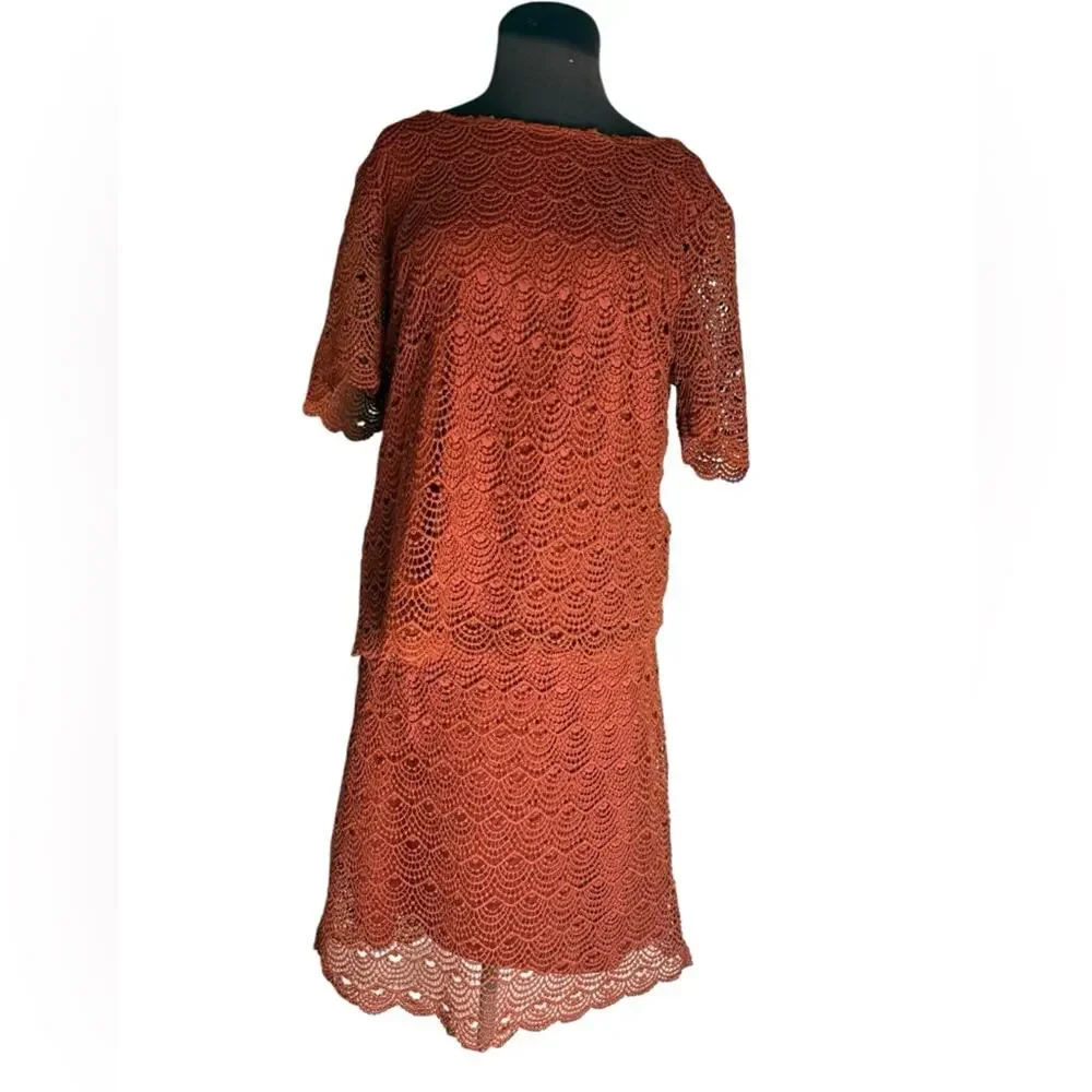 Y2K Crochet Lace Sheer Sleeve Top Midi Skirt Set Womens Size L Romantic Feminine